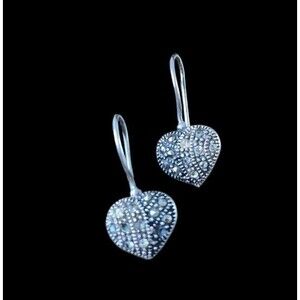 Vintage Sterling Silver Heart Drop Earrings Marcasite